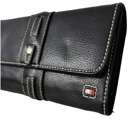 Tommy Hilfiger Black Leather Large Check Book WALLET Retro Trifold - Picture 2 of 9